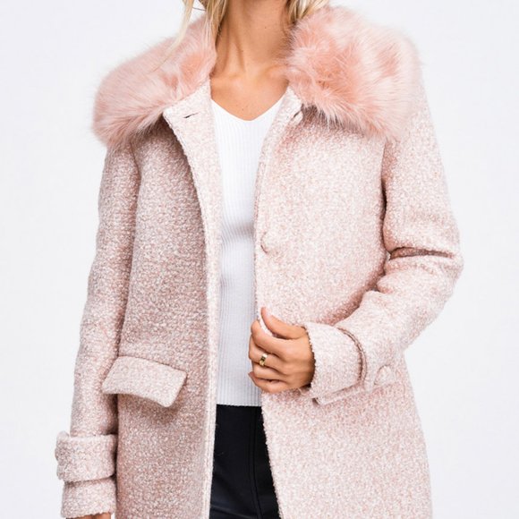 Pink Faux Fur Collar Wool Blend Single Breast Coat - Picture 5 of 10